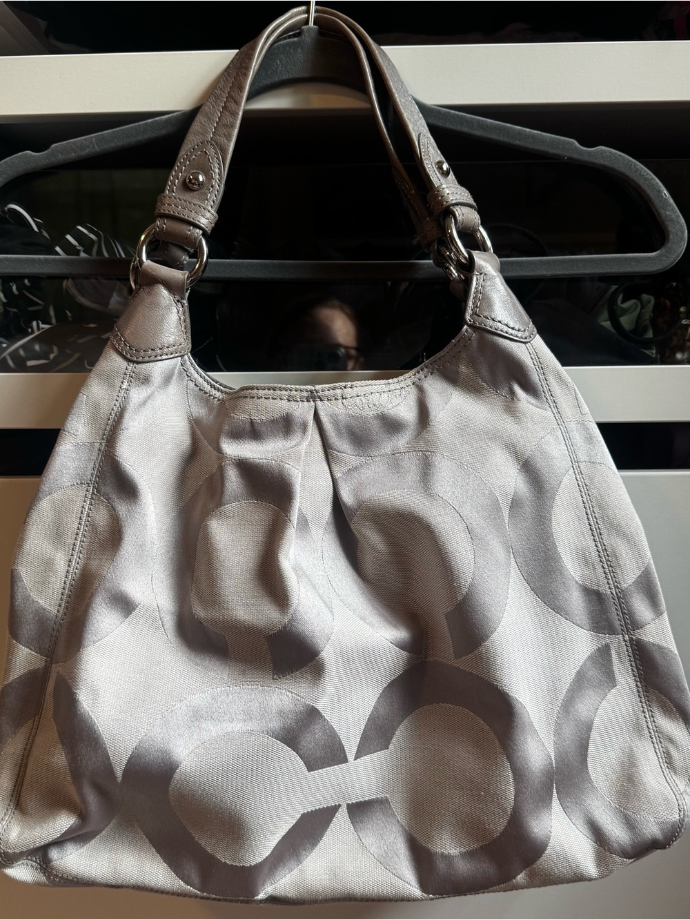 Coach Madison Op Art Maggie Grey Sateen Shoulder Bag with Grey Leather Accents